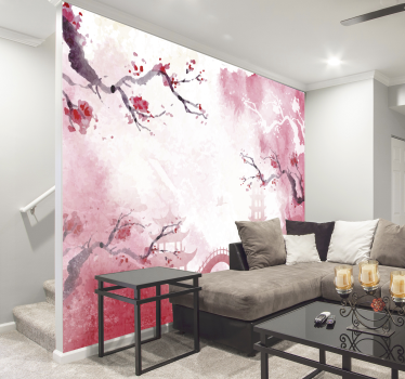 Papel pintado paisaje japonés color rosa - TenVinilo