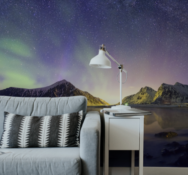 Fotomural montaña Aurora boreal con nieve - TenVinilo