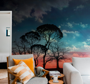 Mural de árboles silueta de árbol al atardecer - TenVinilo