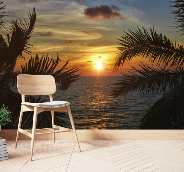 Papel pintado oficina atardecer con palmeras - TenVinilo