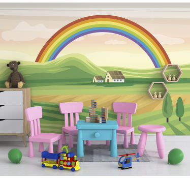Mural infantil arcoiris sobre paisaje - TenVinilo