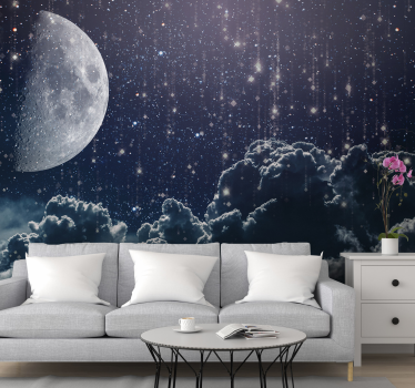 Mural paisaje pared luna con estrellas fugaces - TenVinilo