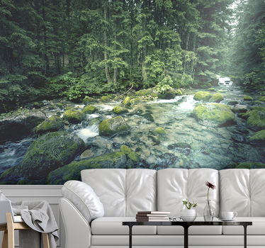 Mural pared de frondoso bosque y río - TenVinilo