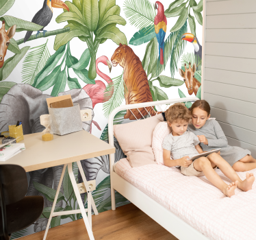 Papel mural selva diseño de animales acuarela - TenVinilo