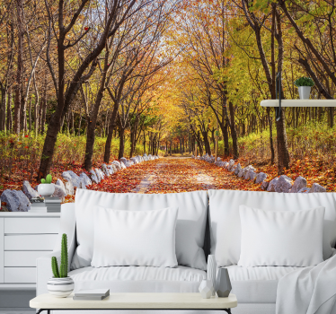 Papel mural bosque otoño camino hojas caídas - TenVinilo