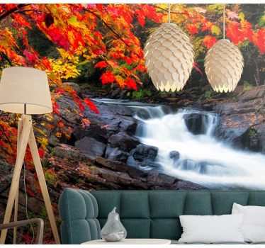 Papel mural bosque paisaje de cascadas en otoño - TenVinilo
