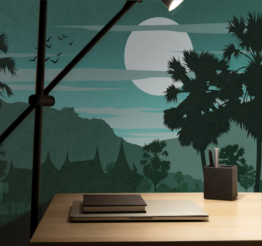 Papel mural bosque palmeras iluminadas por la luna - TenVinilo
