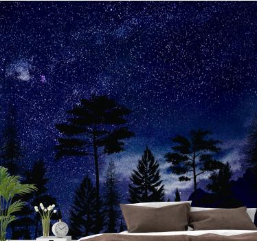 Papel mural cielo siluetas de bosque estrellado - TenVinilo