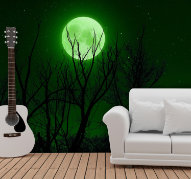 Papel mural de cielo con luna en color verde - TenVinilo
