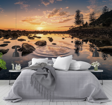 Papel mural de lago con rocas en el amanecer - TenVinilo