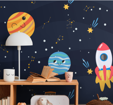 Papel mural espacio exploración planetaria divertida - TenVinilo