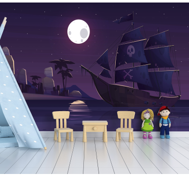 Papel mural infantil barco pirata de noche - TenVinilo