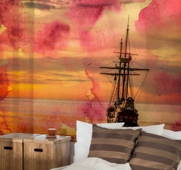 Papel mural mar barco histórico al atardecer - TenVinilo