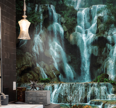 Papel mural montaña exhibición de cascada majestuosa - TenVinilo