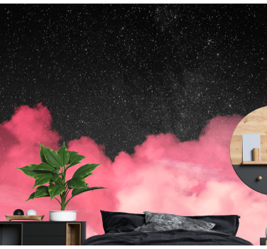 Papel mural montaña nubes rosadas estrelladas - TenVinilo