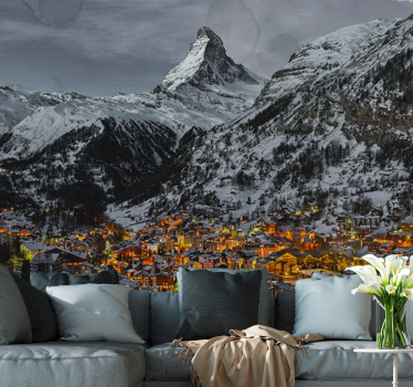 Papel mural montaña pueblo alpino nevado - TenVinilo