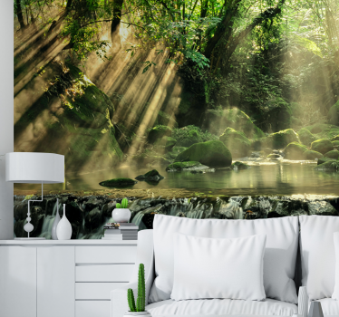 Papel mural naturaleza arroyo forestal iluminado por el sol - TenVinilo