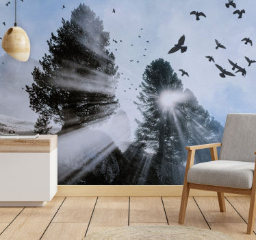 Papel mural bosque rayos de sol radiantes con pájaros - TenVinilo