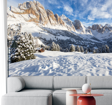 Papel mural paisaje montañas y bosque nevados - TenVinilo