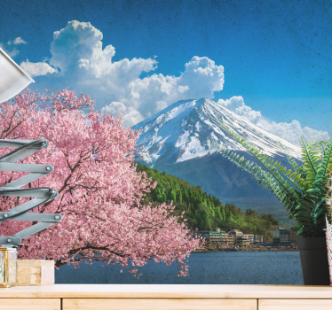 Papel mural paisajes montañas y cerezos en flor - TenVinilo
