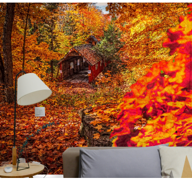 Papel mural paisajes paisaje de cabaña en otoño - TenVinilo