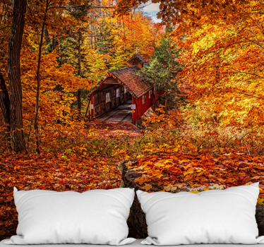Papel mural paisajes puente cubierto en otoño - TenVinilo