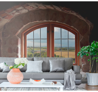 Papel mural paisajes ventana de arco de piedra - TenVinilo