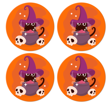 Gato con ilustración de sombrero de bruja posavasos de halloween - TenVinilo