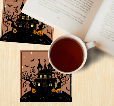 Posavasos de Halloween Casa embrujada con murciélagos y calabazas - TenVinilo