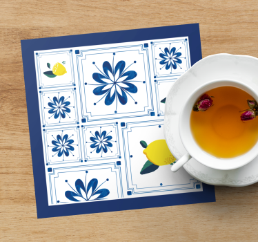Posavasos azulejo patrón floral de limón - TenVinilo