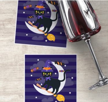 Posavasos halloween gato bruja en escoba - TenVinilo