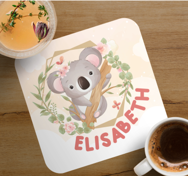 Posavasos personalizable koala lindo con flores - TenVinilo
