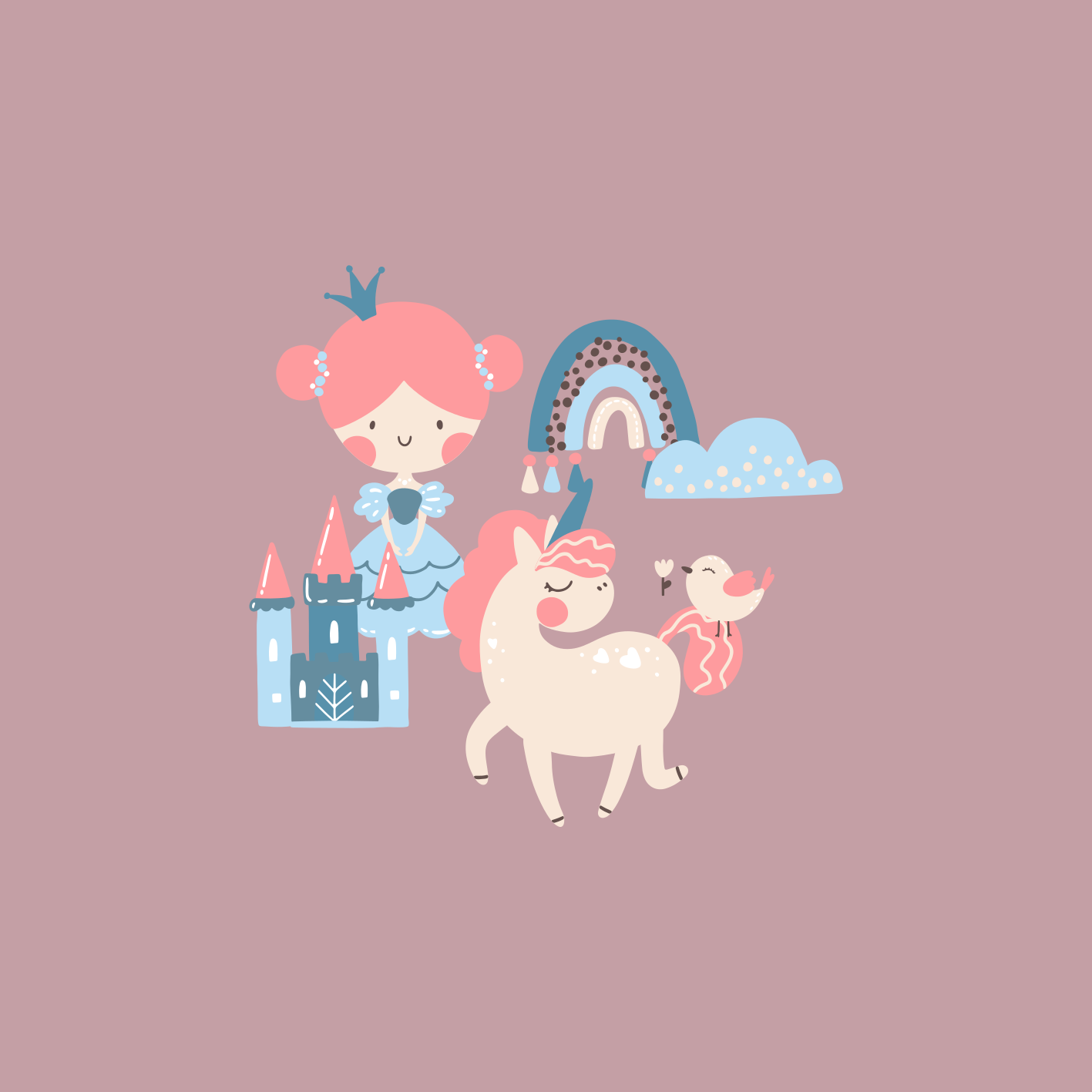 Poster dormitorio infantil pastel unicornio y princesa - TenVinilo