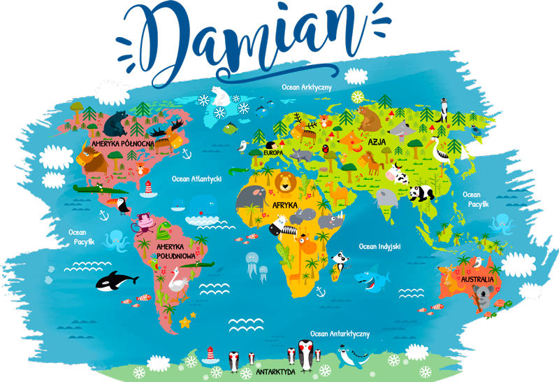 Poster mapamundi mapa de animales en polaco - TenVinilo