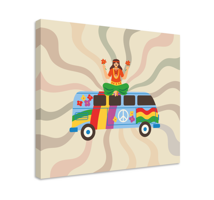 Cuadro vintage Chica hippie colorfu con un autobús - TenVinilo
