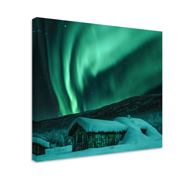 Cuadro paisajes Idílico pueblo de nieve aurora boreal - TenVinilo