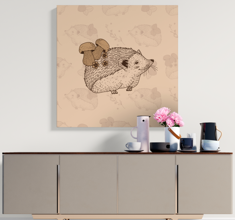 Cuadro animales erizo beige con setas - TenVinilo