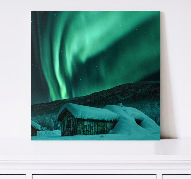 Cuadro paisajes Idílico pueblo de nieve aurora boreal - TenVinilo