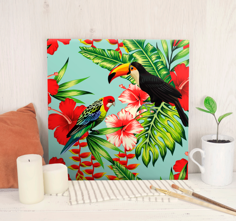 Cuadro aves Flores rojas tropicales - TenVinilo