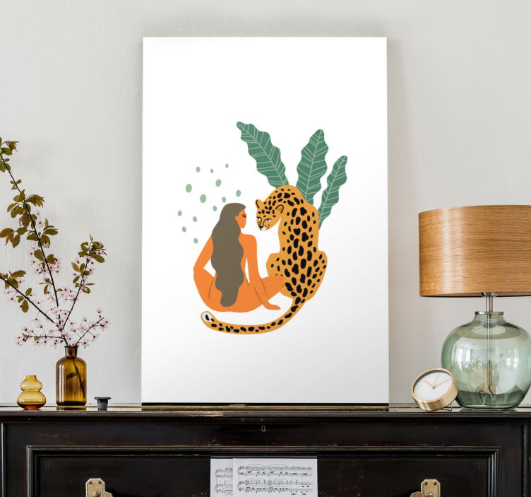 Cuadro de personas mujer y leopardo se abrazan - TenVinilo