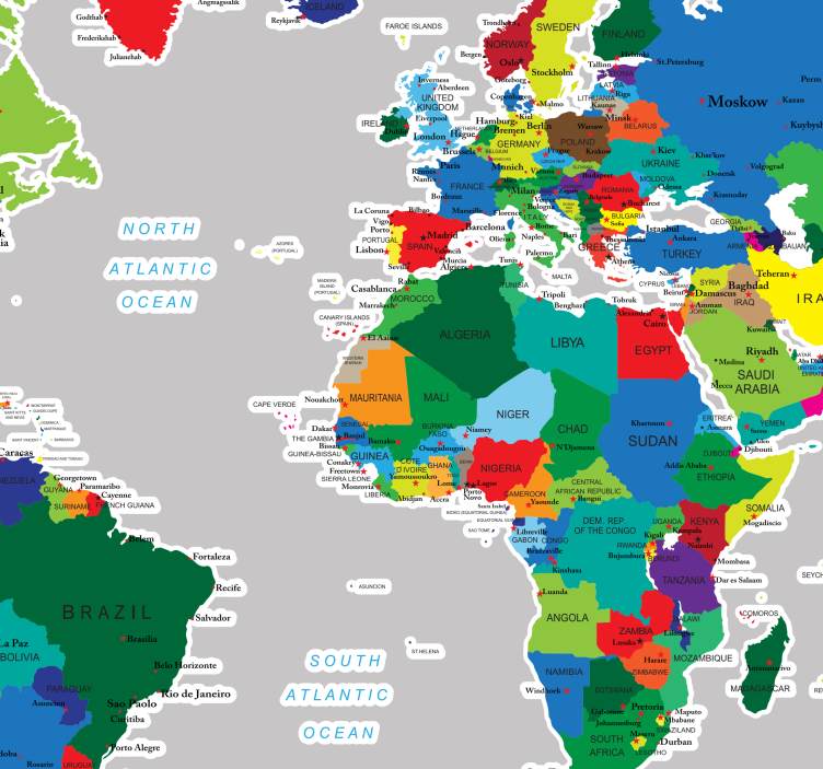 Vinilo mapamundi fronteras países a todo color - TenVinilo