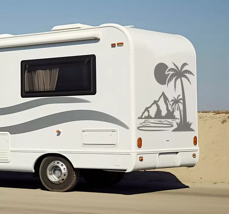 Pegatina caravana árbol de palma y montañas - TenVinilo