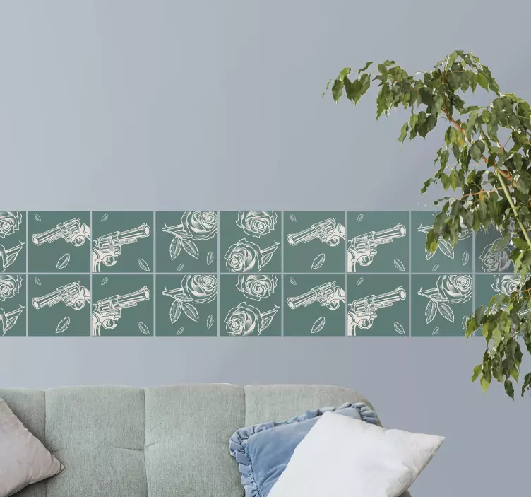 Azulejos adhesivos revólver disparando rosa - TenVinilo