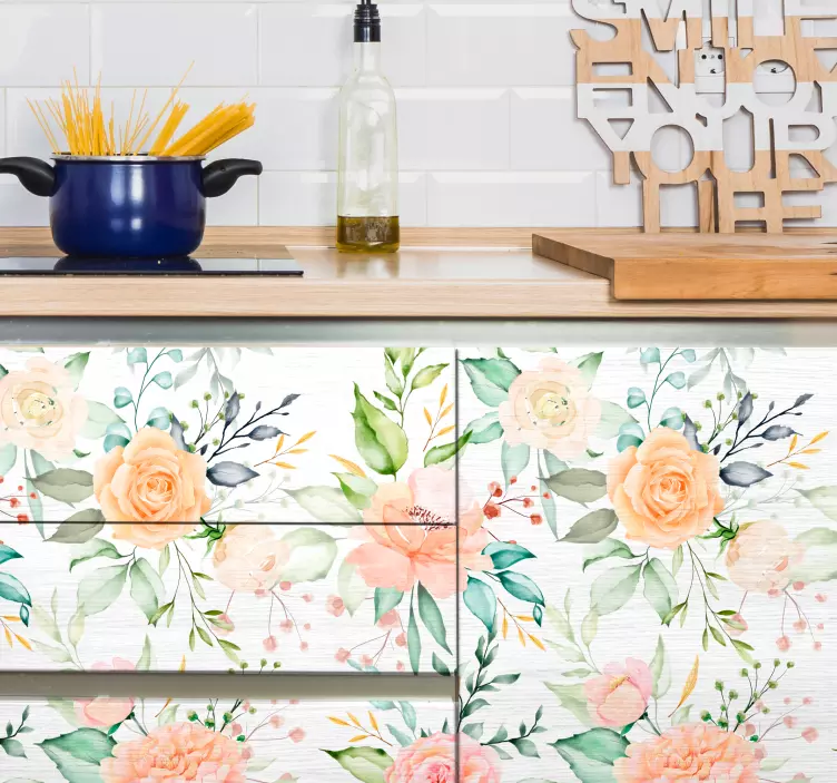Vinilo para mueble cocina patrón rosas tonos pastel - TenVinilo
