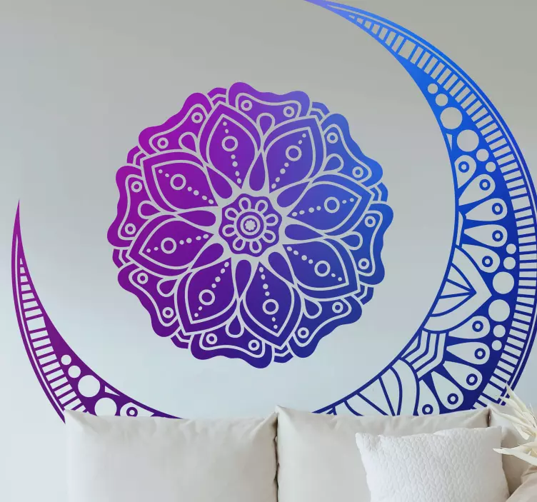 Vinilo decorativo floral Mandala azul y morado con luna - TenVinilo