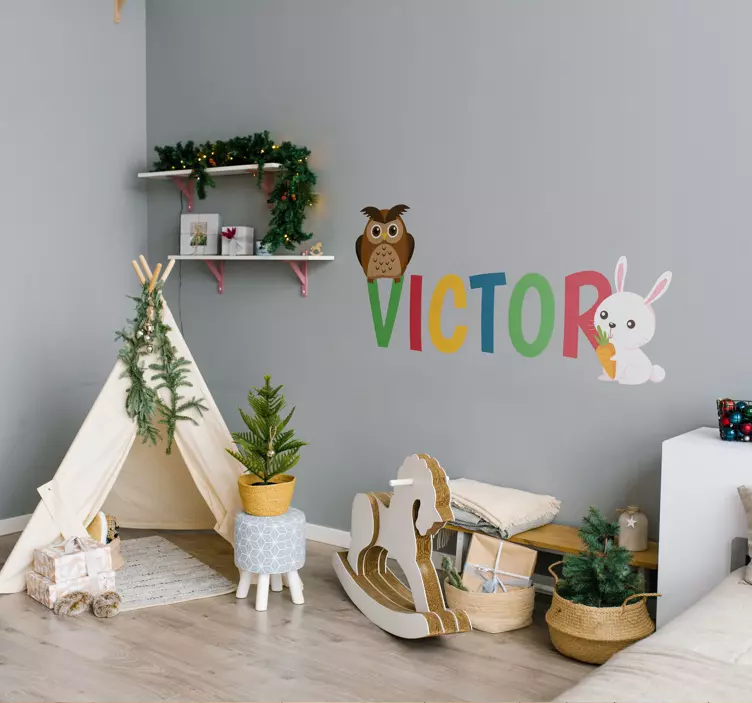 Pegatina nombre personalizable búho y conejo - TenVinilo