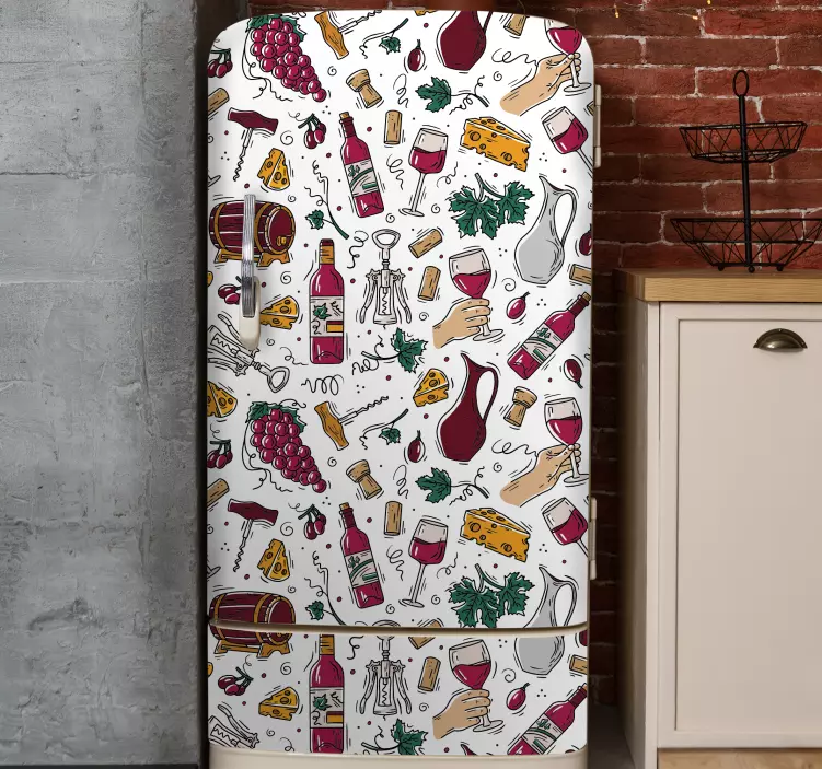 Vinilo para nevera Patrón vintage de uvas, vino y queso - TenVinilo