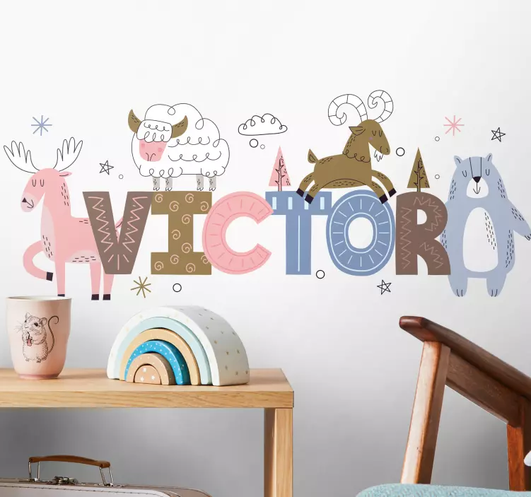 Sticker pared infantil animales con nombre - TenVinilo