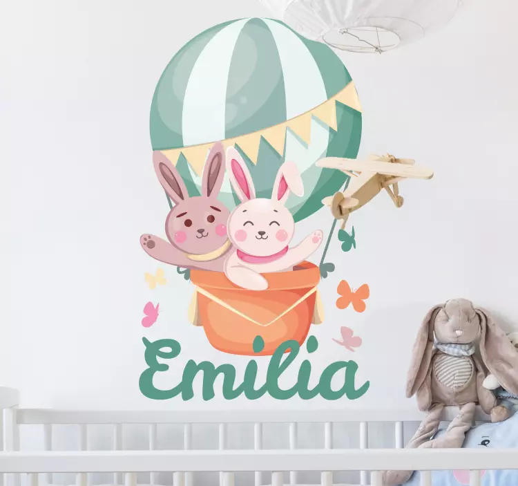 Sticker pared infantil conejitos personalizados en globo - TenVinilo