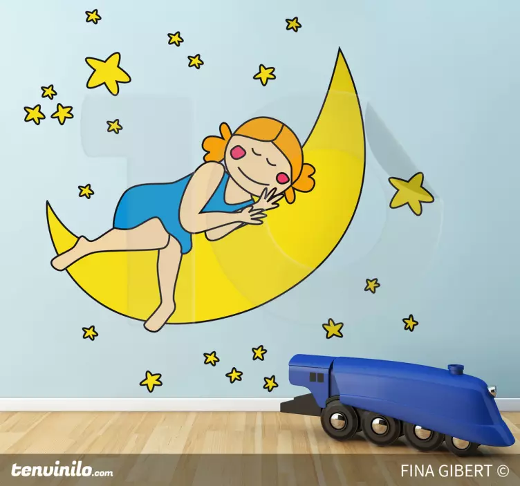 Sticker pared infantil niña durmiendo en la luna - TenVinilo